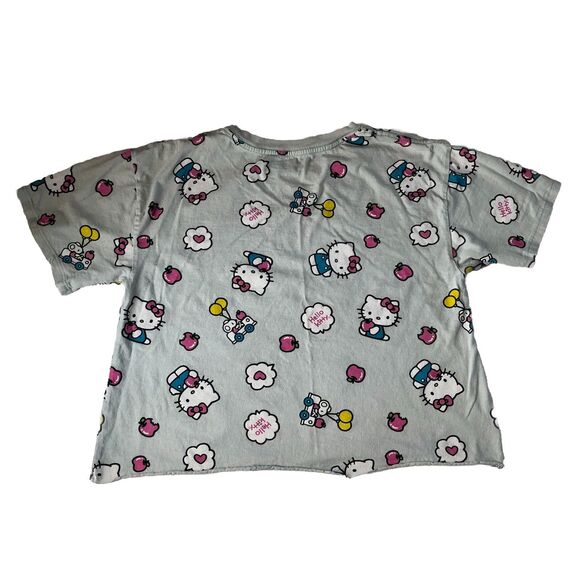 Hello Kitty Women’s Cut Off Hem T-Shirt Gray Graphic All Over Print Medium - Picture 3 of 12